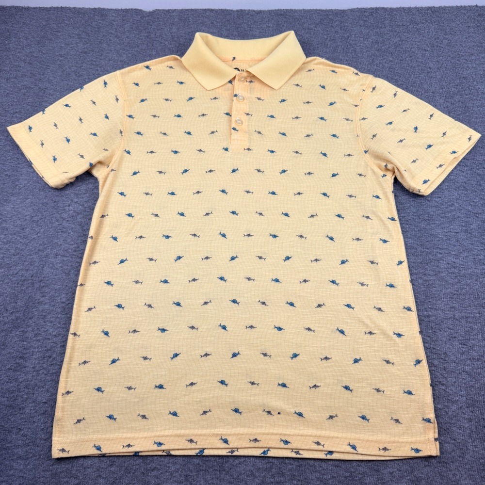 Haggar Polo Shirt Men's Small Yellow All Over Fish Print Short‎ Sleeve Textured